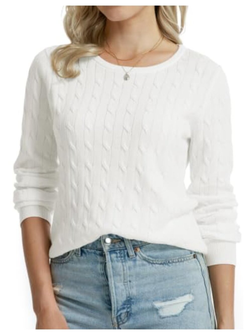 100% Cotton Cable Knit Sweater Lightweight Crewneck Pullover Women's